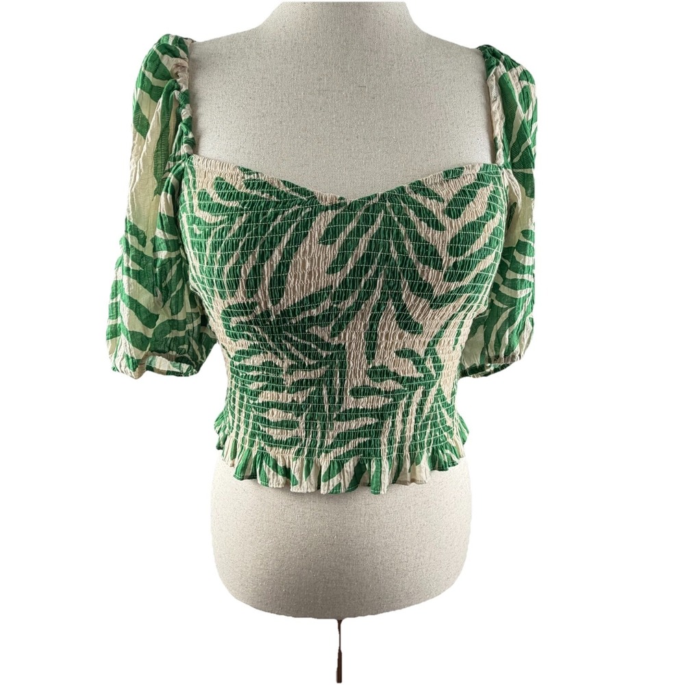 H&M Smocked Blouse Sz L Tropical Palm Leaf‎ Puff Sleeve Resort Vacation Beach